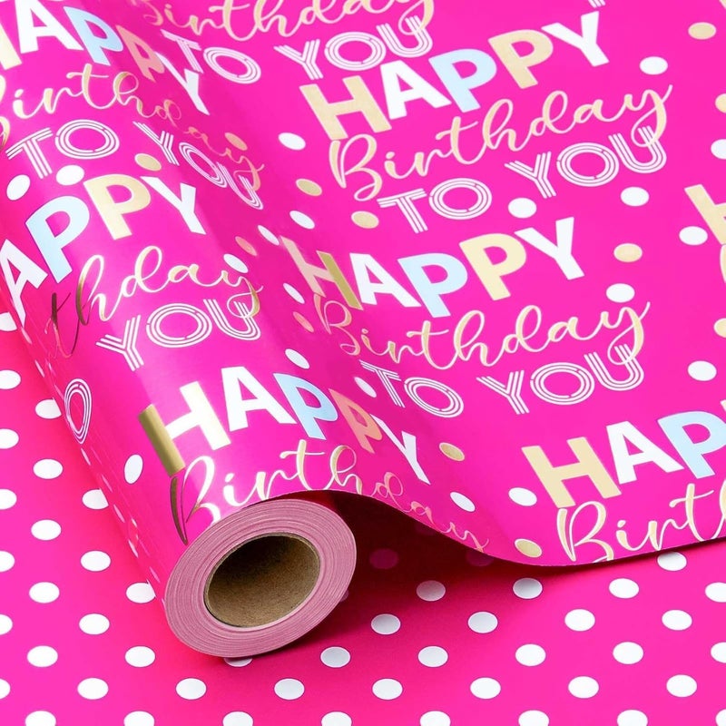 Reversible Birthday Wrapping Paper Roll 17In x 16.5FT Rose Red Happy Birthday Letter Glitter Metallic Foil (23.4 sqft) for Boys Girls Kids Women Holiday Party Baby Shower